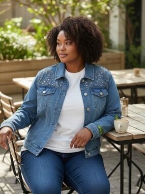 (9)Baccini Blue Denim Jacket with Jewels and Embroidered Accents